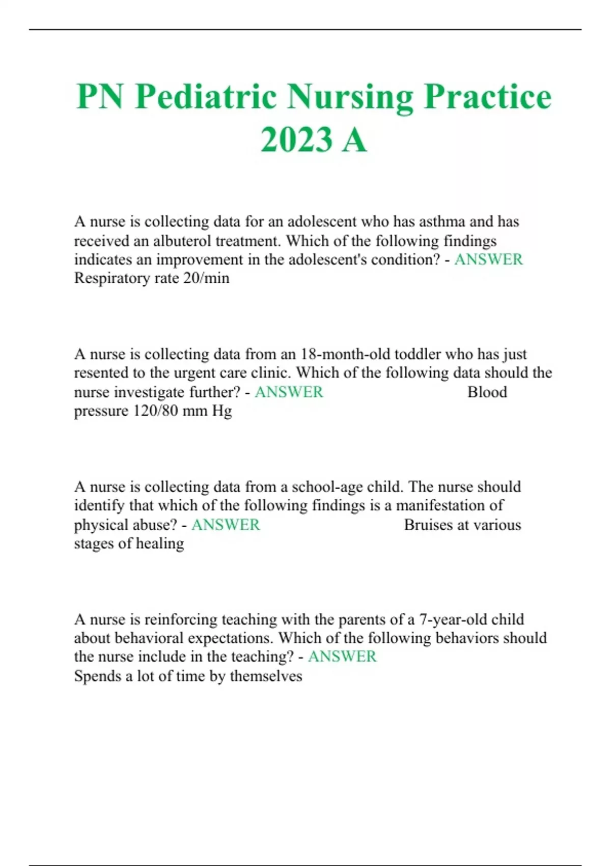 PN Pediatric Nursing Online Practice 2023 A: Key Concepts and Tips