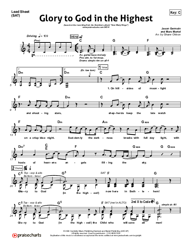 Glory to God on the Highest Lyrics Sheet: The Best Christmas Carol.