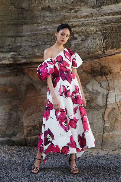 Buy the Aje Arista Tulip Sleeve Midi Dress | Free Express Shipping Available