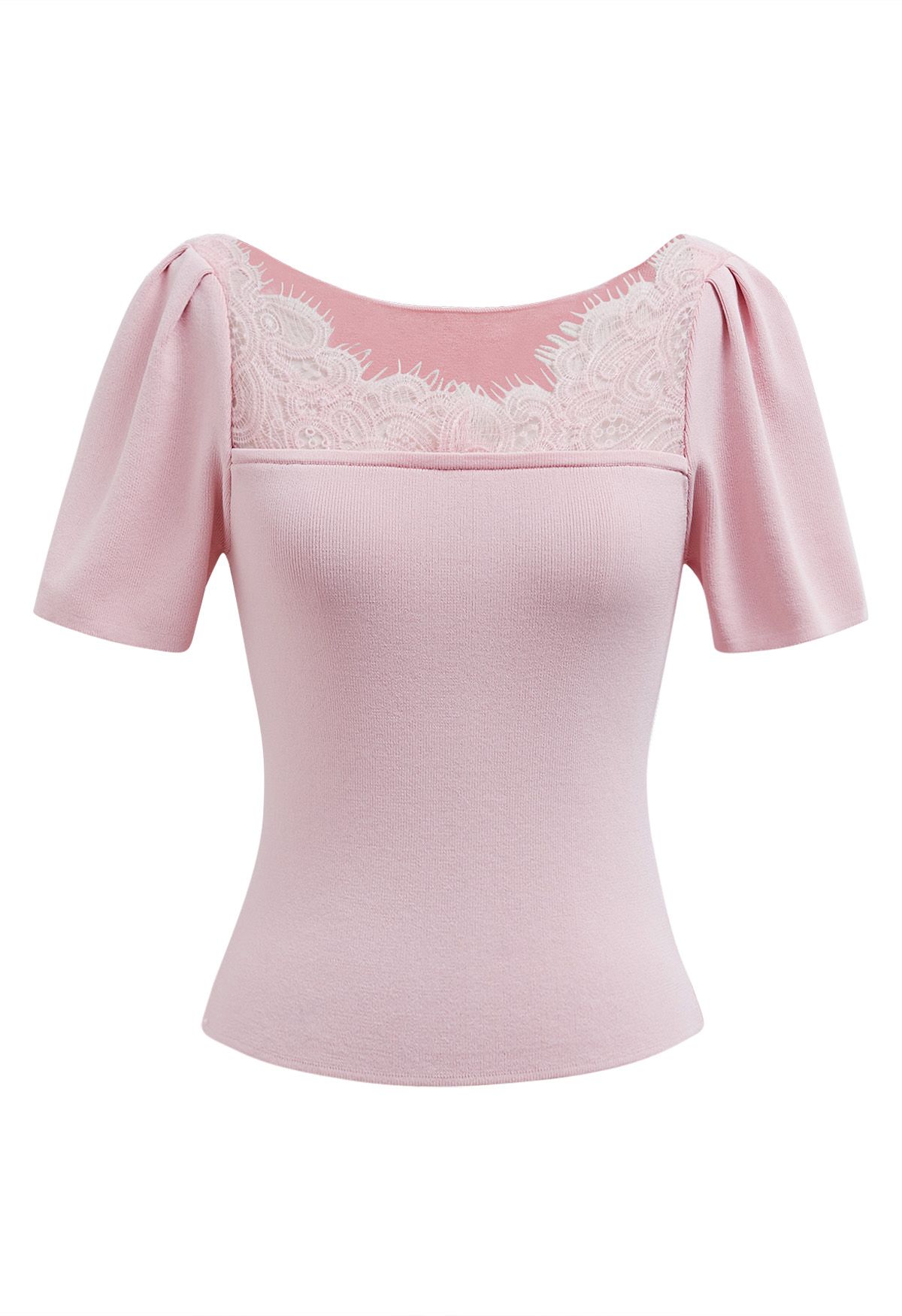 Elegant Light Pink Square Neck Top with Lace Detail – Shop Now