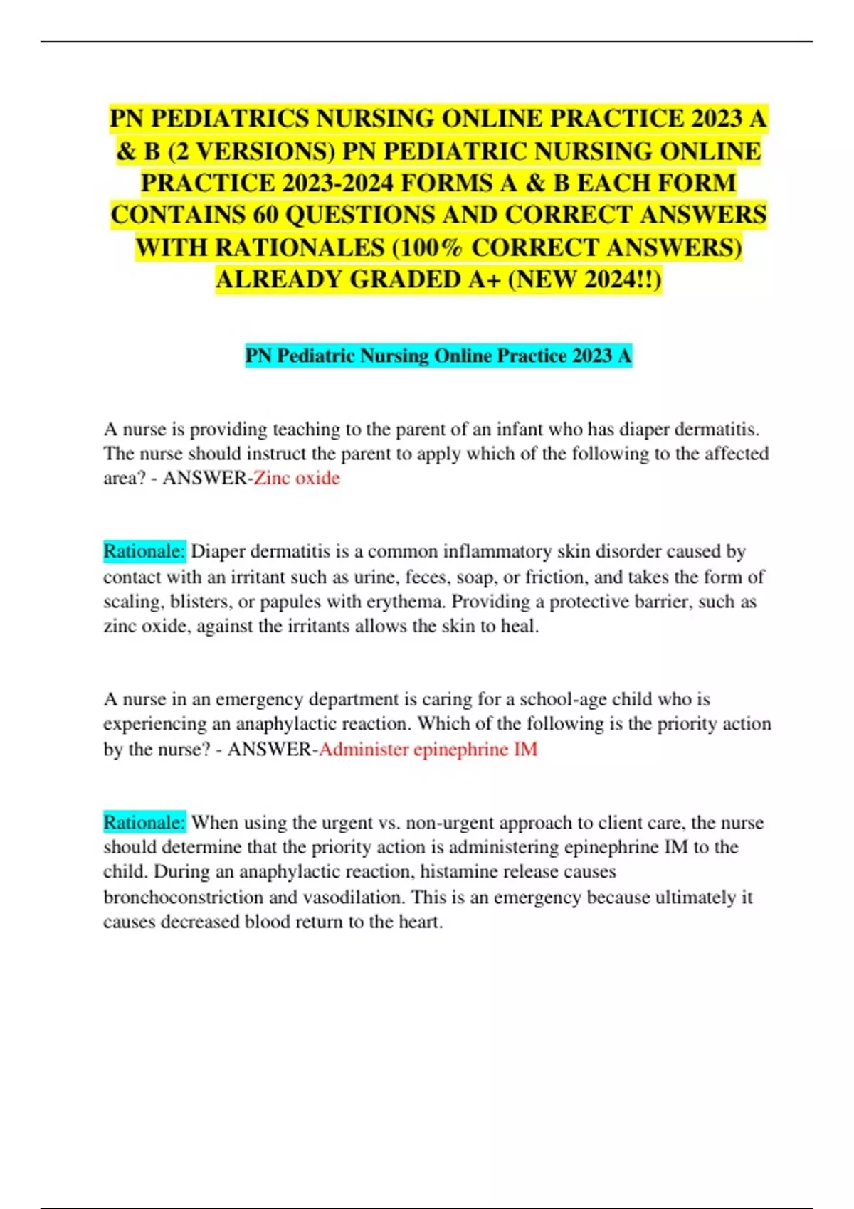 PN Pediatric Nursing Online Practice 2023 A: Key Concepts and Tips