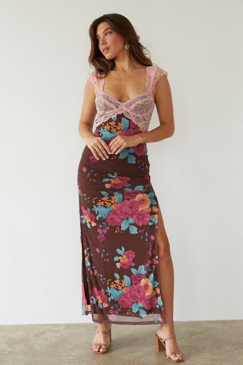Mimi Lace Trim Floral Mesh Maxi Dress – Elegant Pink Lace & Floral Details