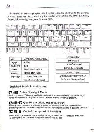 Royal Kludge RK61 Keyboard User Manual: Function Keys, Wireless Setup, and Troubleshooting