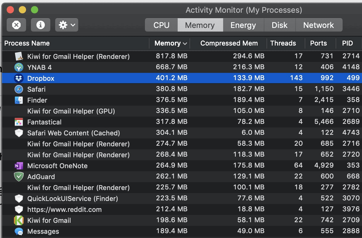 why is dropbox using so much memory