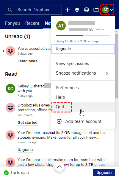 dropbox stuck on updating dropbox account